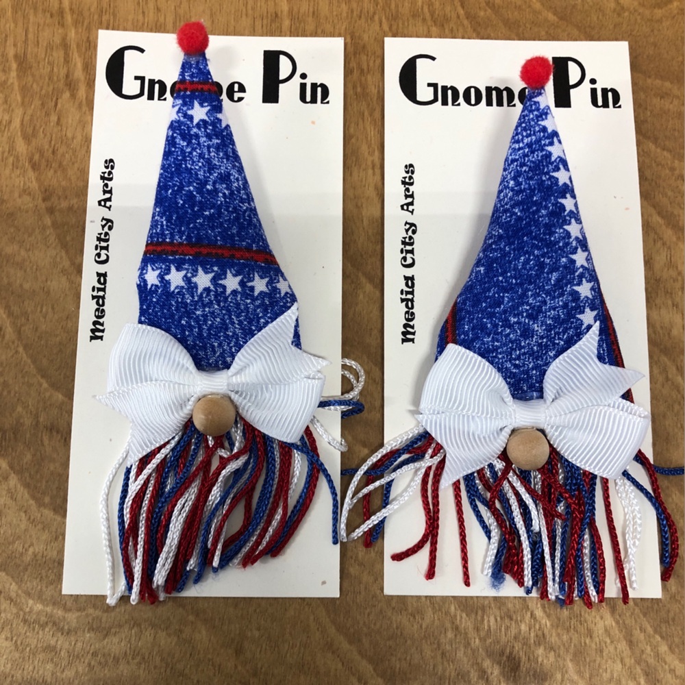 Gnome Pin Brooch Red White Blue Fringe Beard Handmade Bow Gift Guide July 4th